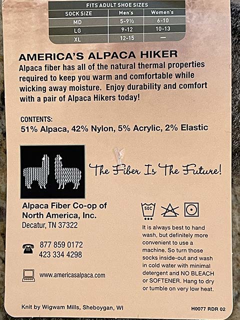 America's Alpaca Hiker Socks label
