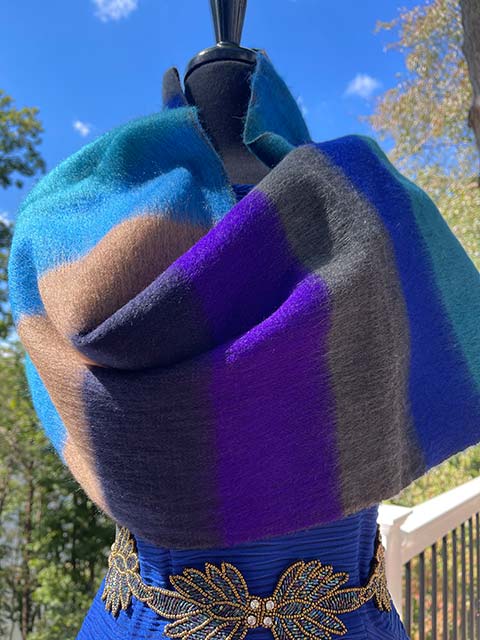 Purple tan black blue grey cyan horizontal striped alpaca infinity scarf